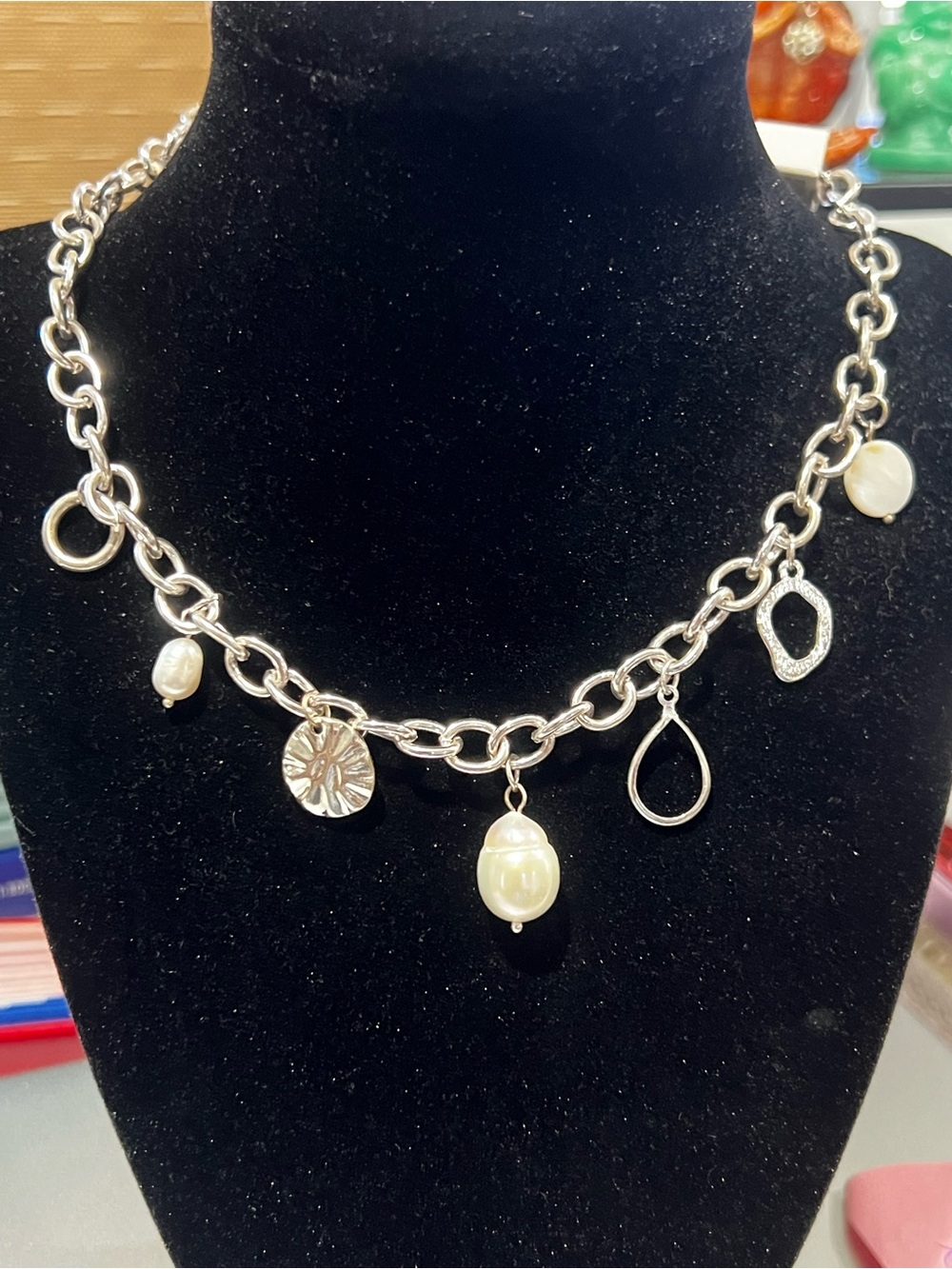 Forever 21 Silver-Tone Charm Necklace with White Pearl Accents